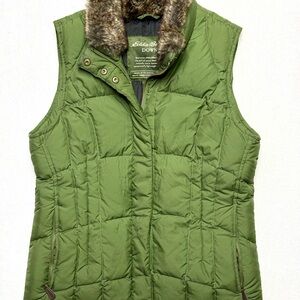 Eddie Bauer Green Puffer Vest with Faux Fur Collar